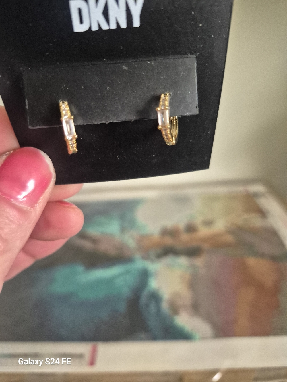 DKNY Gold Hoop Earrings with Clear Baguette Stone